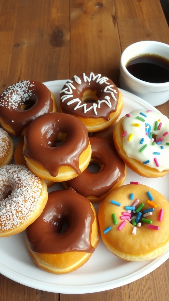 A variety of homemade donuts with chocolate glaze, powdered sugar, and sprinkles on a rustic wooden table.